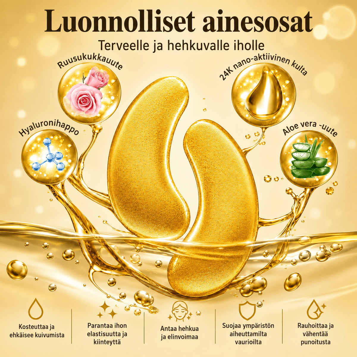 Silmänalusmaskit säihkyville silmille – 40 paria | Aloe veraa, ruusua, hyaluronihappoa ja 24K kultaa | Kosteutta ja ikääntymistä ehkäisevää hoitoa